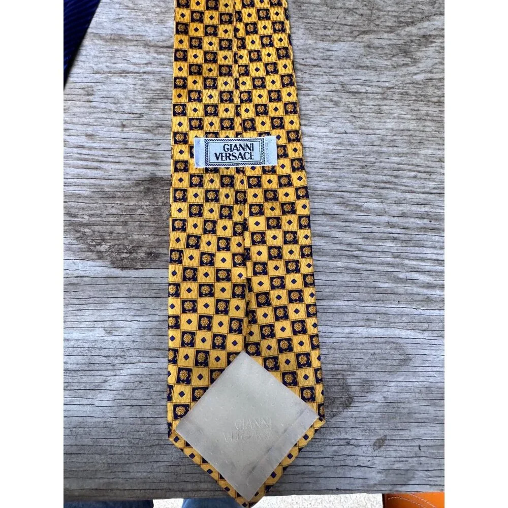 Gianni Versace Tie Silk Geometric Floral Gold Blue Made Italy Vintage Mens - Picture 8 of 10